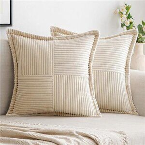 Set of 2 Beige Corduroy Pillow Covers,18x18 Boho Striped Decorative Throw Pillow